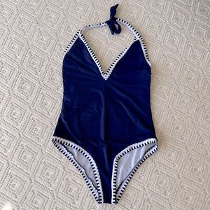Women’s one piece halter tie navy blue bathing suit. Size large.
